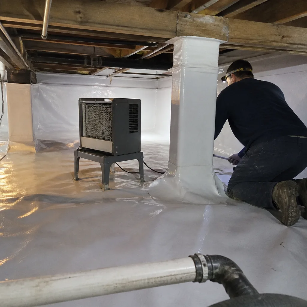 Technician performing professional crawl space encapsulation and vapor barrier installation