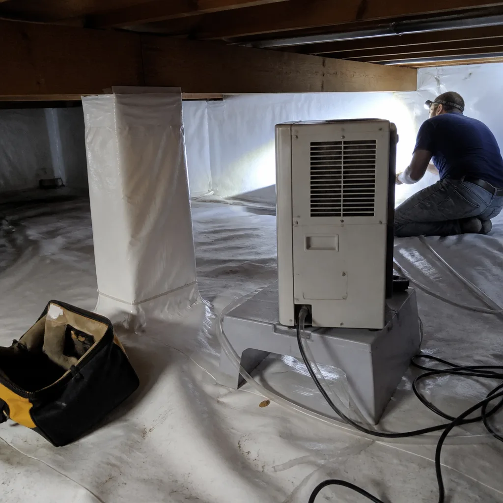 Technician performing professional crawl space encapsulation and vapor barrier installation