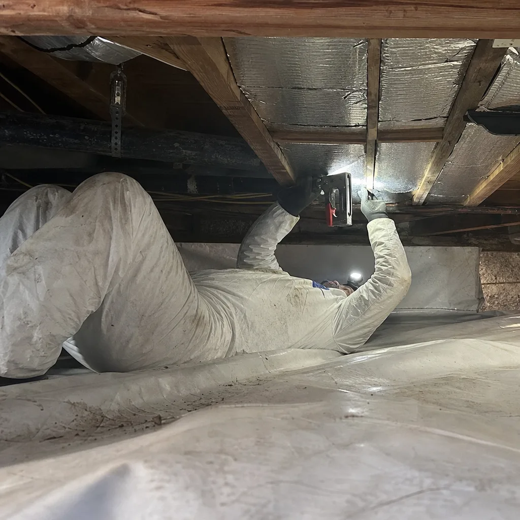 Professional contractor installing vapor barrier insulation in a residential crawl space
