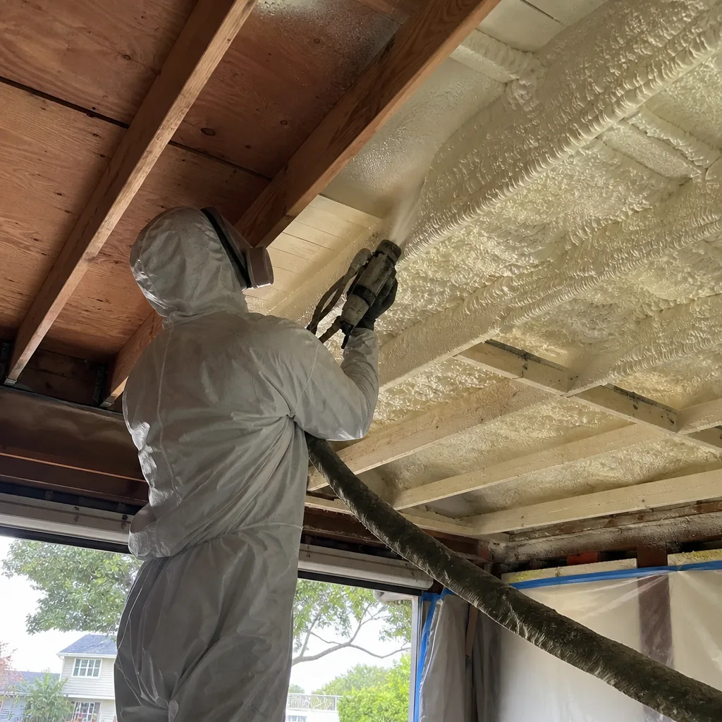 Professional contractor applying spray foam insulation to residential garage ceiling